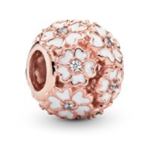 New Pandora Rose Gold Primrose Meadow White Enamel Charm Bead w/pouch - Picture 3 of 3